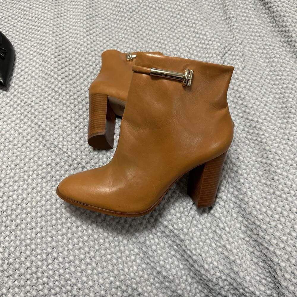 Reiss Tan Leather Ankle Boots with Gold Toggle Hardware Detail